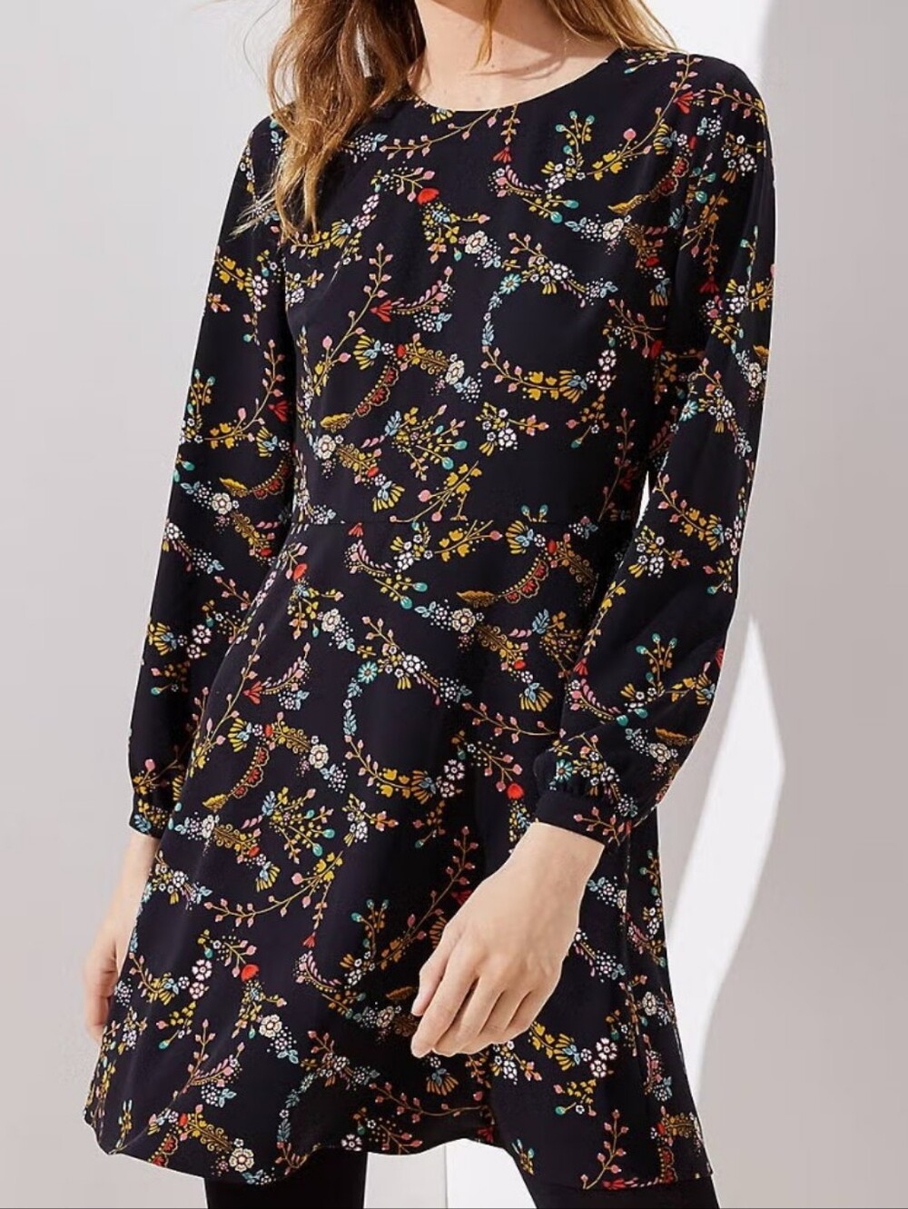 LOFT Black Floral Vine Long Sleeve A-Line Dress